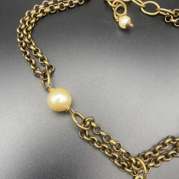 Signed Jan Michaels Art Nouveau Necklace Gold Brass Tone Caged Pearl Rolo Chain - Picture 6 of 8